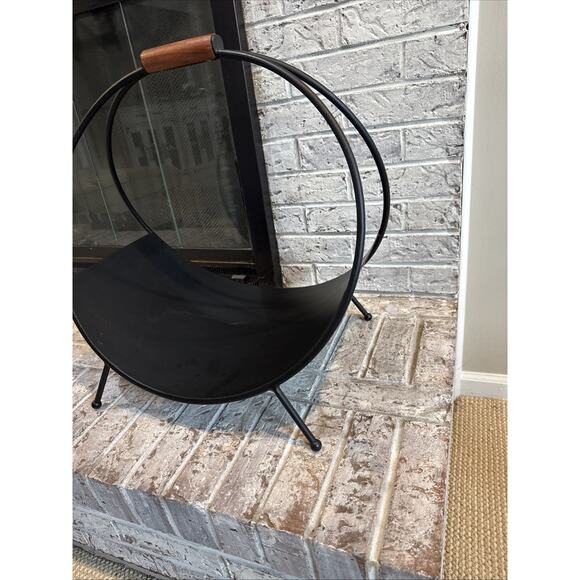 Mid-Century Modern Black Metal Hoop Firewood Rack w/ Wooden Handle – 21” Tall - Picture 4 of 8
